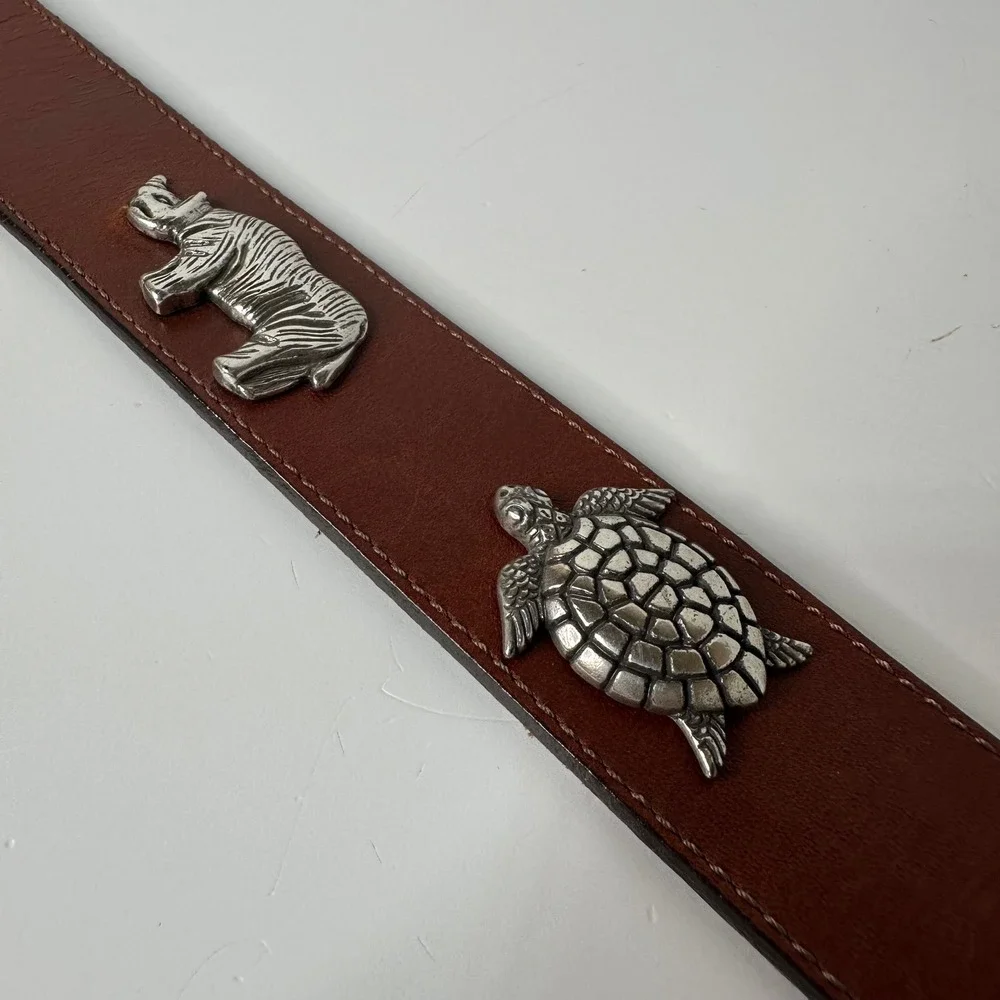 Honest Brighton Brown Leather Belt Silver Tone 3D Animals Safari Vtg 90s Sz 30